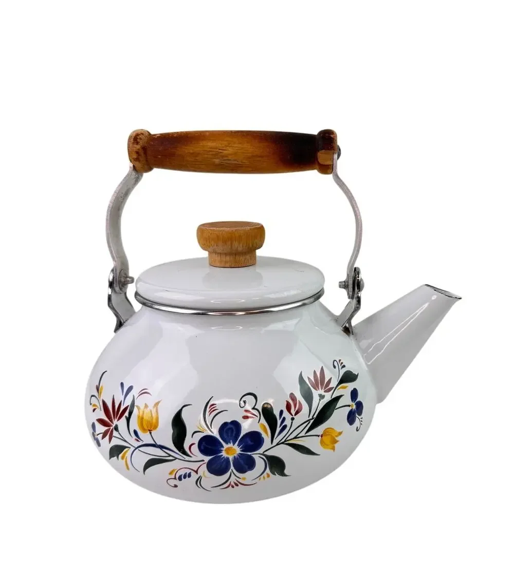Vintage Master Cuisine Kettle White Tea Pot Floral Stainless Steel Wooden Handle